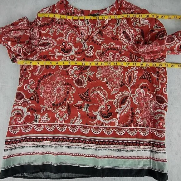 Ann Taylor Muted Red Clay Paisley Patterned Cotton Blend Bell Sleeve Top Size XL - Picture 7 of 12
